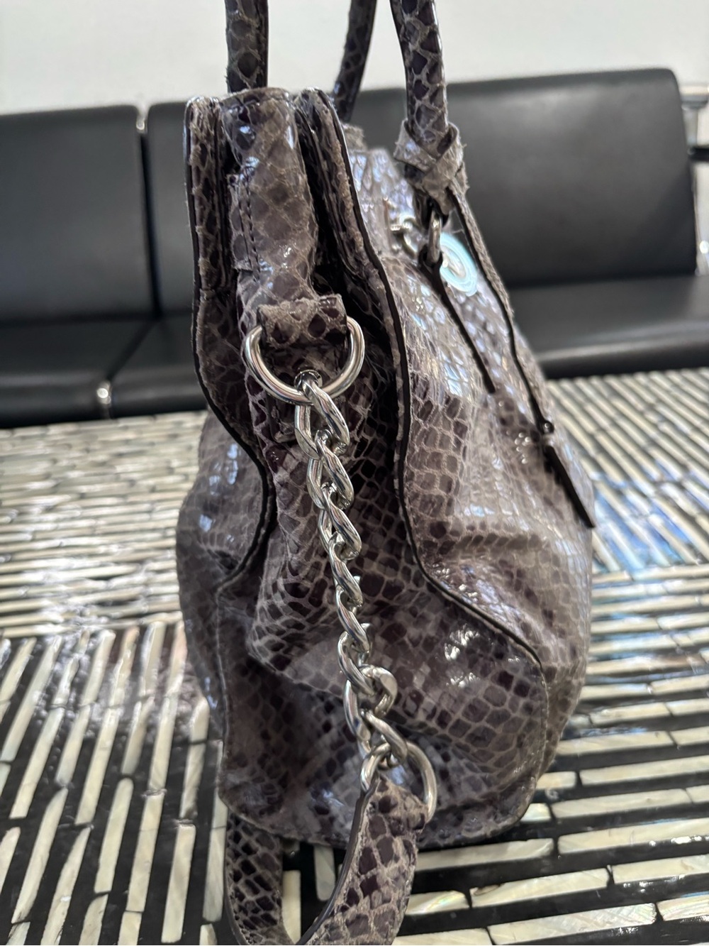 Authentic Michael Kors Gray Snakeskin-Embossed Satchel with Silver Hardware - Picture 7 of 11